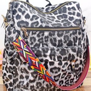 WHITE LEOPARD BACKPACK TOTE AZTEC STRAP